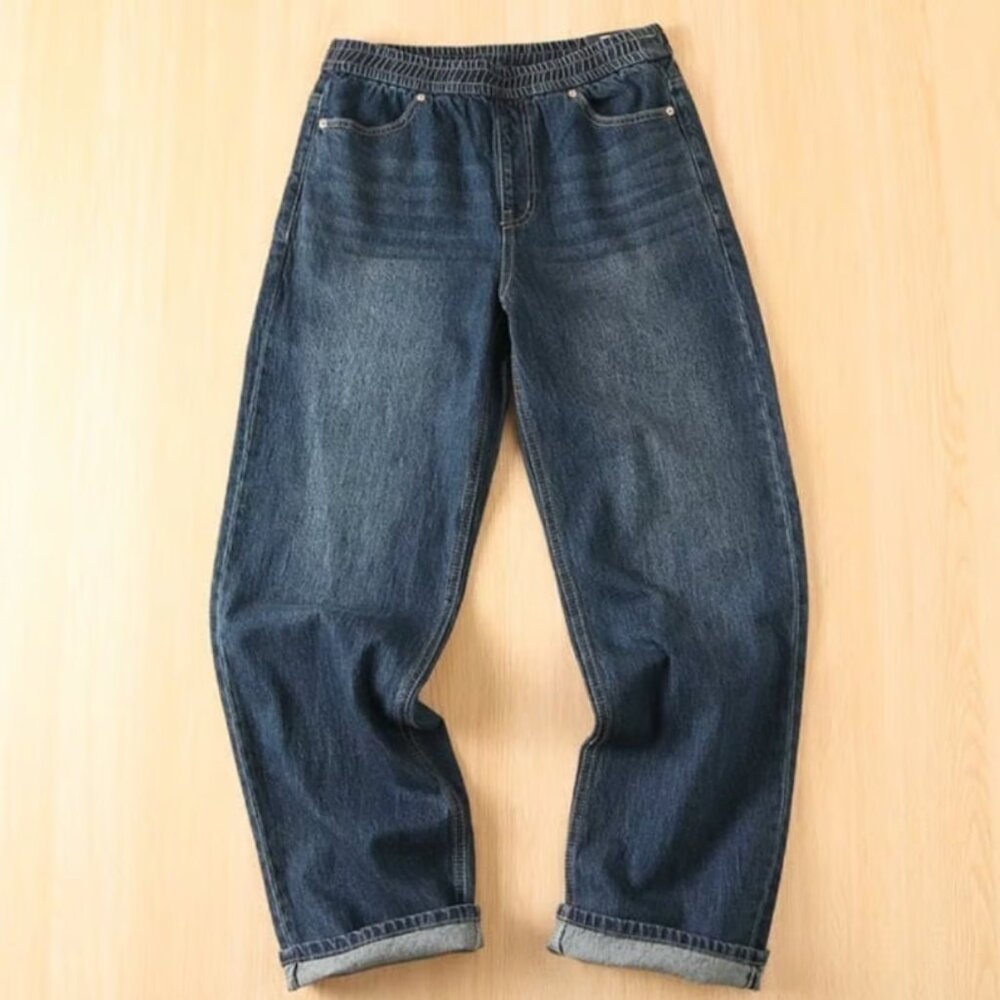 Blue-Grey Wide-Legged Straight Jeans – Rare Elastic Waist for Ultimate Comfort - Picture 2 of 9